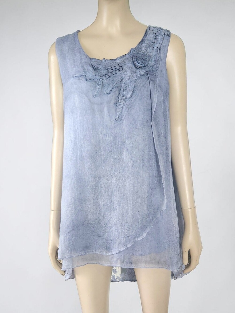 Papa Layered Asymmetric Sleeveless Chiffon Overlay Crochet Tunic Womens M Blue